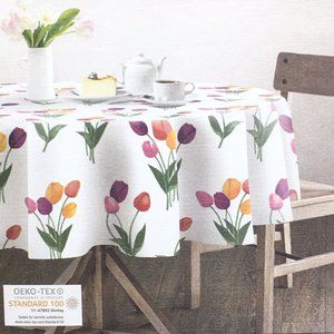 Colorful Spring Tulips Tablecloth Floral Flowers Pink Purple Yellow Cotton 90 R
